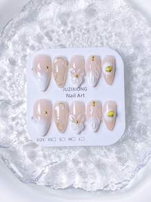 10 piezas de uñas postizas con forma de almendra decoradas con polvo de espejo dorado francés, olas de agua azules, espirales azules y amarillas, y cristales, adecuadas para cualquier ocasión, de rápida colocación, para mujeres y niñas, de moda lujosa y exquisita de alta gama y desmontables