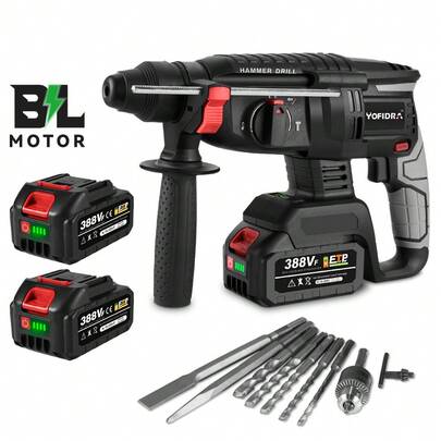 Yofidra Electric Drill,1680W Brushless Electric Hammer Drill 26MM Multifunctional Cordless Rechargeable Power Tool Set