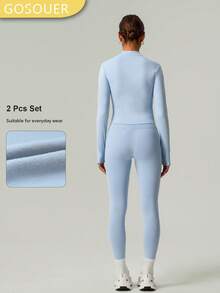 2 PCS Co Ord Set Women's Classic Light Fleece Warm Outdoor Sports Jacket With Butt Lifting Yoga Legging For Winter Autumn - Blue - View 2