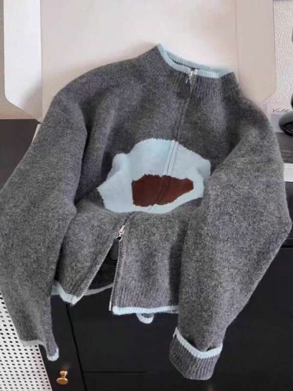 Femmes Pull court ample, Top tricoté décontracté et douillet avec imprimé floral color block, Automne/Hiver