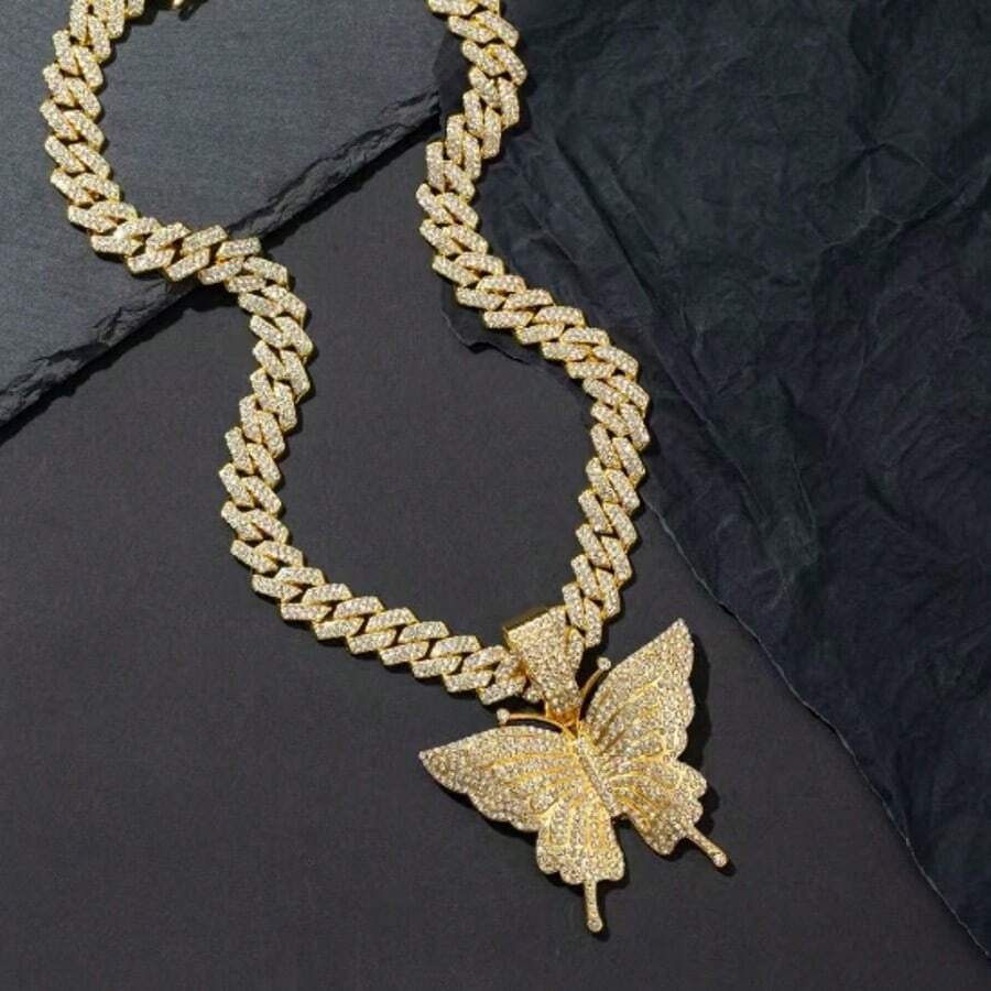 1 Set Butterfly Necklace With Sparkling Hiphop Butterfly Pendant, Fashion Jewelry Gift For Women, Unisex Jewelry For Party And Fashion - Butterfly - View 1