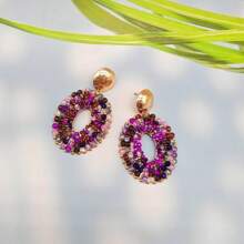1 Pair Handmade Elliptical Hollow Boho Style Fashion Faux Crystal Earrings, Suitable For Women, Beach Holiday Or Daily Matching