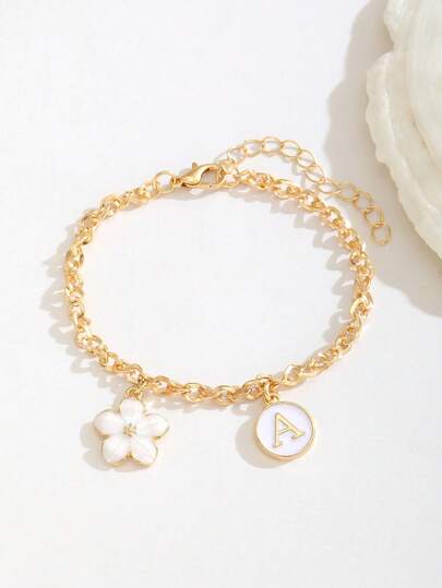 1件花朵字母吊坠手链，甜美时尚的夏季女孩饰品，儿童生日礼物