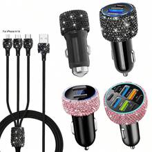 Bling Bling 水钻水晶多端口车载充电器快速充电 PD QC3.0 USB C 车载手机充电器 Type C 适配器 3 合 1 快速充电线兼容 Andriod 手机、行车记录仪、iPad、GPS、节日/生日礼物