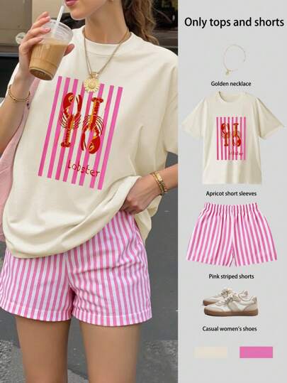 Plus Size Women Loose Fit Lobster Print Short Sleeve T-Shirt And Striped Shorts Set, Chinese New Year, Lunar New Year, Year Of The Horse, Spring Festival, Happy New Year, Valentine's Day