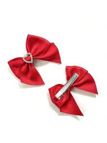 2pcs Solid Color Heart & Bow Hair Clips, Suitable For Bangs And Short Hair Daily Use ,Hair Accessory ,School Accessories
