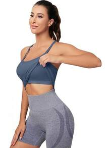 Workout Tops Women With Built In Bra, Sleeveless Gym Tops Seamless Racerback Athletic Yoga Shirts, Activewear - 灰藍色 - 查看 7