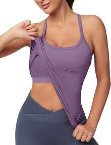 Workout Tops Women With Built In Bra, Sleeveless Gym Tops Seamless Racerback Athletic Yoga Shirts, Activewear - Grey Purple - View 1