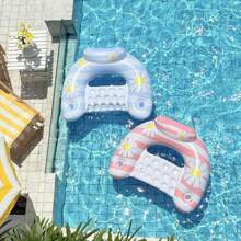 1pc Thick PVC Floating Water Sofa With Cup Holder & Backrest, Anti-Capsizing Small Daisy U-Shaped Inflatable Pool Recliner