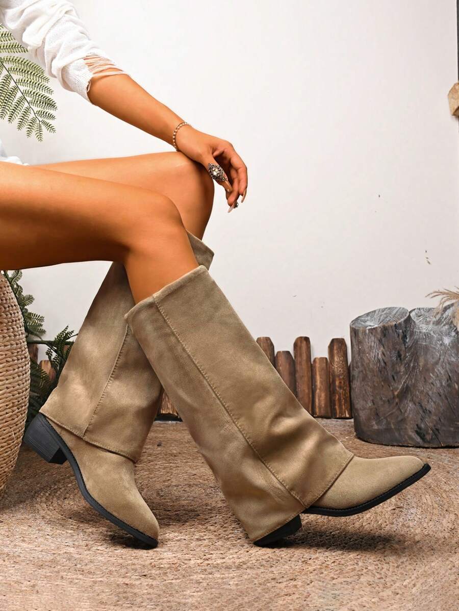 Botas Cano Médio Femininas, Nova Chegada de Cor Cáqui para Outono/Inverno, Bico Fino, Couro, Slip-On, Salto Grosso, Botas , Botas Country, Botas de Montaria, Botas de Calça, Botas Country, Uso Diário Botas Femininas Cáqui, Festa