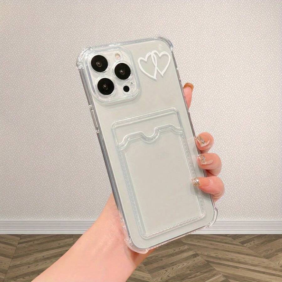 1pc Phone Case: 1 White Heart Minimalist Design Transparent TPU Phone Case With Card Slot, Compatible With IPhone 16/15/14/13/12/11 Pro Max/XS/XR/7/8 Plus Valentine's Day Phone Cases - Trong sáng - Xem 1