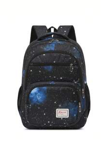 Casual High Capacity Starry Sky Print Multi-Pocket Functional Backpack, Men's Portable School College Style Bookbag For Study, Errands, Travel