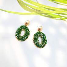 1 Pair Handmade Elliptical Hollow Boho Style Fashion Faux Crystal Earrings, Suitable For Women, Beach Holiday Or Daily Matching