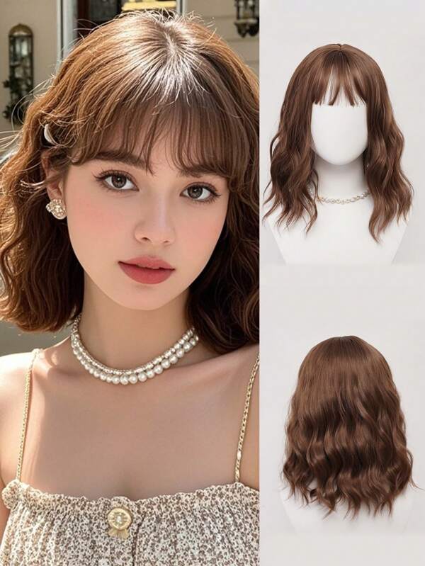XYUNMI Sweet Fashion Brown Short Curly Bob Wig 16 Inch With Bangs Sea Wave Wig Lightweight Breathable Women's Heat Resistant Synthetic Wig Suitable For Daily Wear, Dating And Photoshoot Cosplay Festival Use