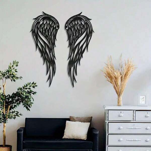 2pcs Classic Metal Angel Wings Wall Decor, Iron Silhouette Sculpture, Suitable For Home & Hallway Decor, Bedroom Decoration, Stylish Angel