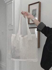 Yogodlns Geantă de vară pentru femei, stil vintage de vacanță, tricotată manual, curea de umăr croșetată, capacitate mare, geantă de mare capacitate tricotată cu gol, stil de vacanță