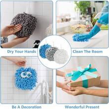 WATUNID 6 Stück Chenille-Handtücher, saugfähige Flauschball-Handtücher mit 6 Haken, hängende, schnell trocknende Handtuch-Handballen, süßes Badetuch, dekorativ für die Küche (Weiß, Grau, Blau)