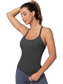 Workout Tops Women With Built In Bra, Sleeveless Gym Tops Seamless Racerback Athletic Yoga Shirts, Activewear - 碳灰色 - 查看 5