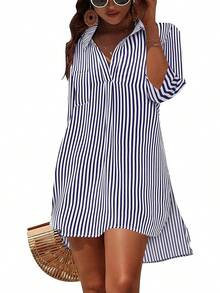 Women's Swimsuit Cover - Ups White Chiffon Bikini Swimwear Beach Dress Outfits Summer 6HQS - 藍白條紋 - 查看 1