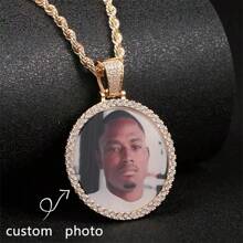 1pc Personalized Photo Pendant Necklace - Hip Hop Luxury Style, Sparkling Rhinestones, Non-Magnetic - Perfect For Men, Ideal For Christmas, Thanksgiving, Teacher's Day, Back To School, Graduation Gifts, Personalized Necklace