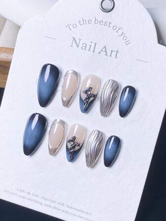 10 pezzi di tips per unghie a mandorla fatte a mano, colori classici nero e rosa, effetto cipria, con linee e decorazioni floreali fatte a mano, unghie removibili alla moda e di lusso per ragazze cool