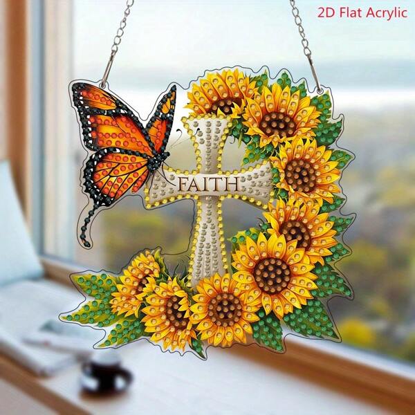 2D Diamond Painting Kit, DIY 5D Asymmetrical Crystal Diamond, Sunflower Butterfly Cross Pendant Craft Set, Suitable For Home And Garden Wall/Door Decor, Ideal As Birthday Or Gift For Friends And Family, 2D Flat