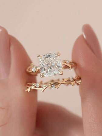 2 件套欧美时尚优雅铜镶嵌锆石藤蔓设计戒指套装，适合女士、订婚、婚礼、日常配饰、周年纪念、生日、节日礼物