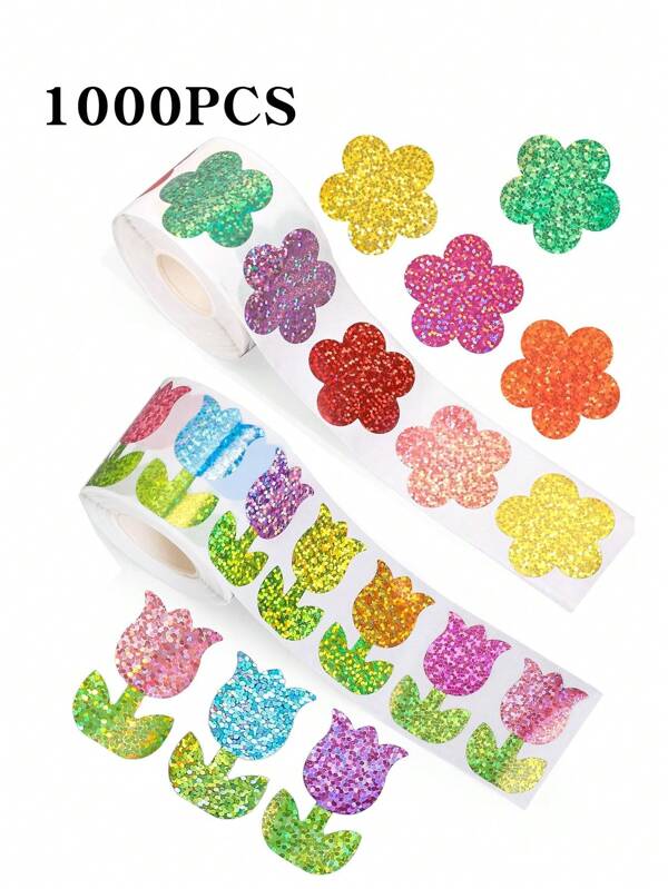 1000PCS/500PCS Children's Four Seasons Laser Flower Stickers Roll -8 Colors Of Fancy Flower Shaped Self-Adhesive Stickers, PET Material, Very Suitable For Envelope, Diary, Birthday, Wedding And Party Decoration Cartoon Laser Sticker Labels, Office Stationery Decoration Labels, Sealing Stickers