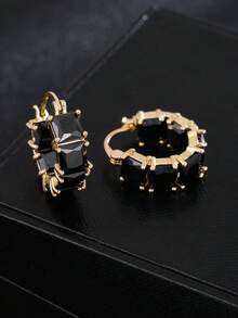 1 对女士简约黑色锆石装饰独特设计日常环形耳环，生日礼物