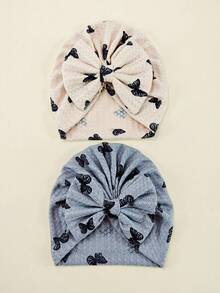 2pcs Newborn Baby Waffle Print Headband Hat, Baby Bow Beanie, Infant Headwear 0-6 Months - Multicolor - View 13