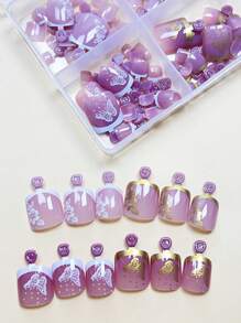 96pcs/Set (White Flower/Gold Flower/Gold Butterfly/White Butterfly) Short Square French Manicure Nail Stickers, Summer Full Coverage Press-On Nails With Reusable Storage Box, Women Nail Art Tools