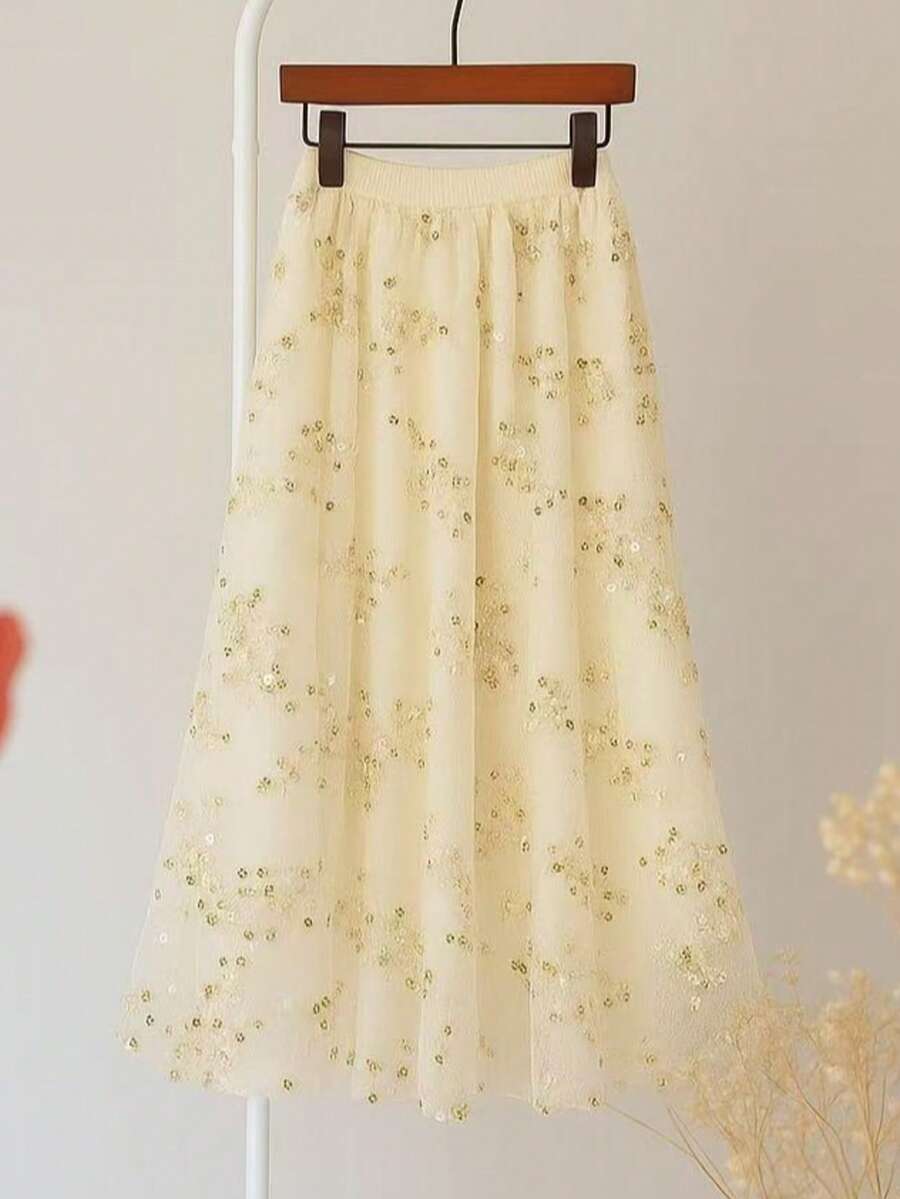 New Elegant Party Tulle Skirt With Rhinestones - Dorado - Ver 1