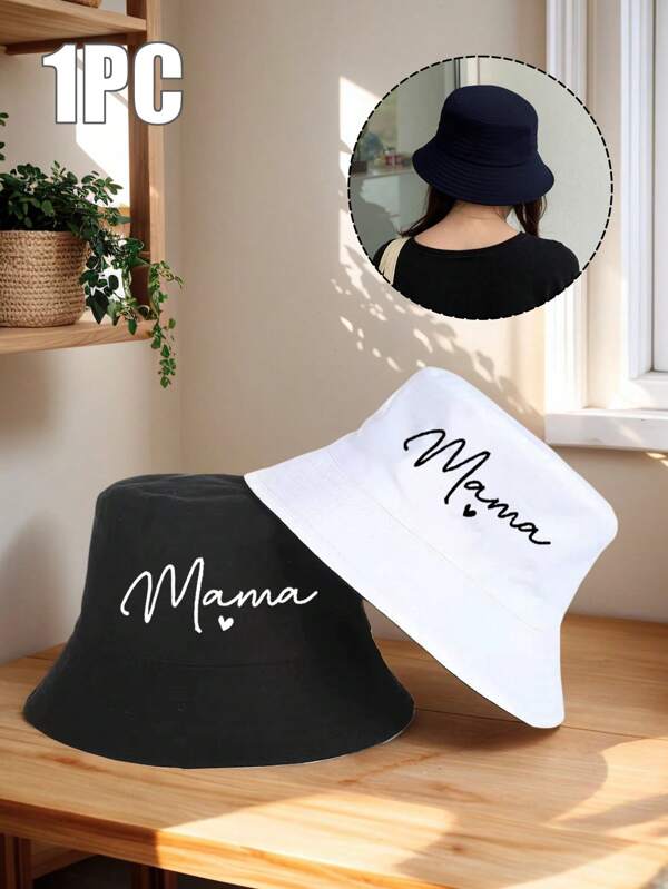 1 pezzo Cappello a secchiello con lettere "Mama" e motivo a cuore, cappello da sole casual personalizzato e alla moda, cappello a secchiello da esterno adatto per pesca, viaggi quotidiani, nero e bianco, unisex, leggero e pieghevole, adatto per attività all'aperto, pesca, vacanze, picnic, ecc. Può essere regalato per la festa della mamma o per il compleanno