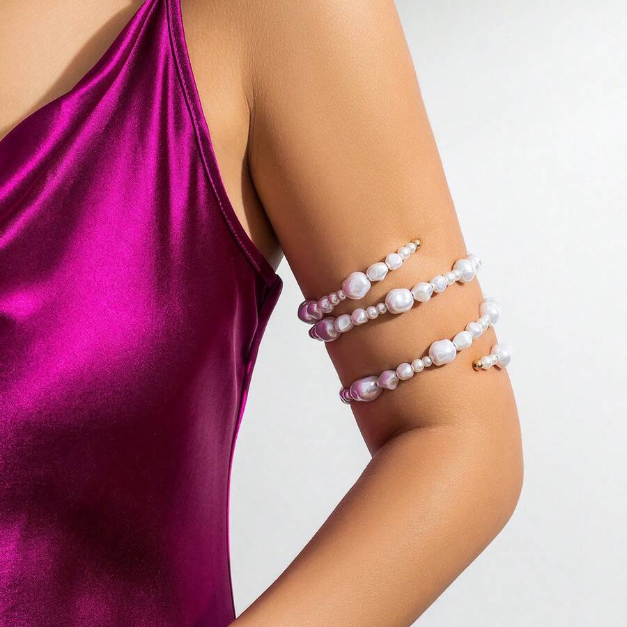 Fashion Minimalist Beach-Style Faux Pearl Arm Chain For Women, Twisted Arm Cuff With Irregular Beads Retro Armlet Jewelry - White - View 1