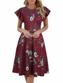 Women's Semi-Formal Ruffle Sleeve V-Back Work Fit And Flare Cocktail Knee Length Dress With Pockets, 2025 Style - 勃根地花卉 - View 1