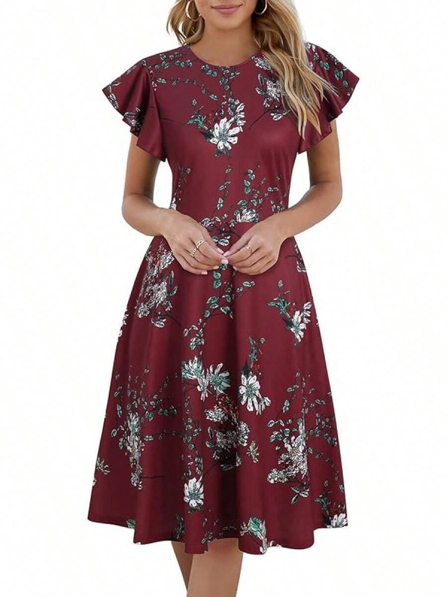 Women's Semi-Formal Ruffle Sleeve V-Back Work Fit And Flare Cocktail Knee Length Dress With Pockets, 2025 Style - 勃根地花卉 - View 1