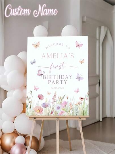 1pc- Customized Butterfly Birthday Party Poster, Butterfly First Birthday Welcome Sign, Pink Wildflower Welcome Poster, Butterfly Party Decoration, Editable Floral Birthday Poster, Printable First Birthday Poster, Personalized Customized Butterfly Birthday Welcome Poster