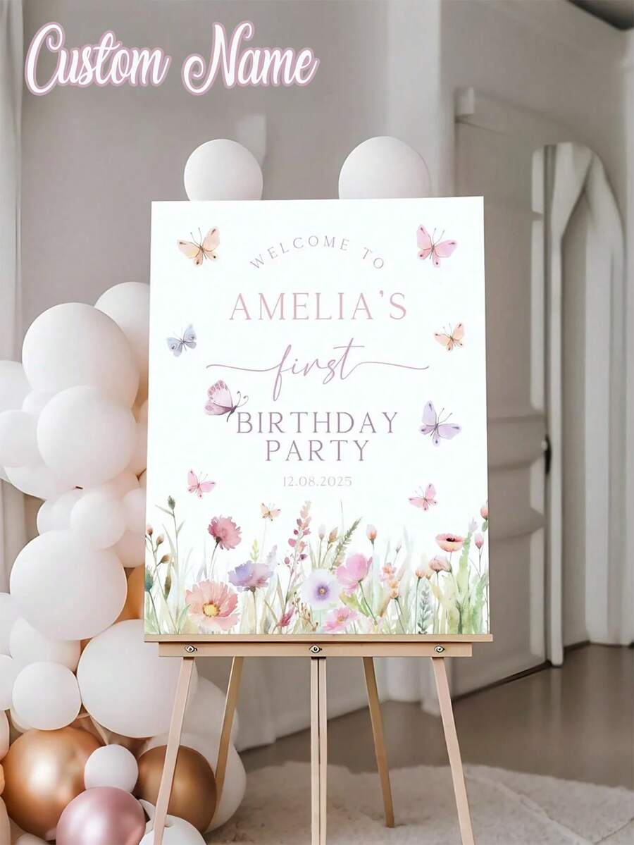 1pc- Customized Butterfly Birthday Party Poster, Butterfly First Birthday Welcome Sign, Pink Wildflower Welcome Poster, Butterfly Party Decoration, Editable Floral Birthday Poster, Printable First Birthday Poster, Personalized Customized Butterfly Birthday Welcome Poster - Multicolor - View 1