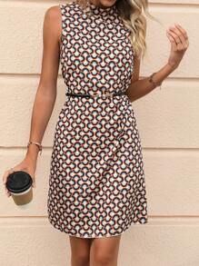 Geometric Pattern Sleeveless Casual Elegant Short Dress For Women, Office Wear (Belt Not Included)
