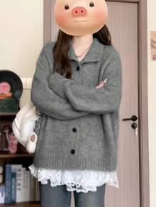 女士灰色翻领针织开衫，休闲宽松长袖毛衣上衣，秋冬 - 灰色 - 查看 4