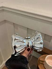 Acrylic Electroplated Metallic Silver Shiny Bow Decor Clutch Bag, Versatile Women's Personalized Fashion Chain Lipstick Pouch, Jewelry/Earphone/Cosmetic Storage Box, Ladies, Suitable Valentine's Day, Party, Wedding Dress Decoration, Date Use Shoulder/Crossbody Bag, Elegant Ladies Coin Purse - Bạc - Xem 7