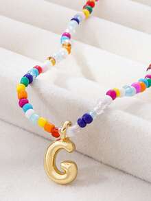 1pc Multicolor Glass Beads Letter Pendant Necklace, Bronze Tone - Multicolor - View 30
