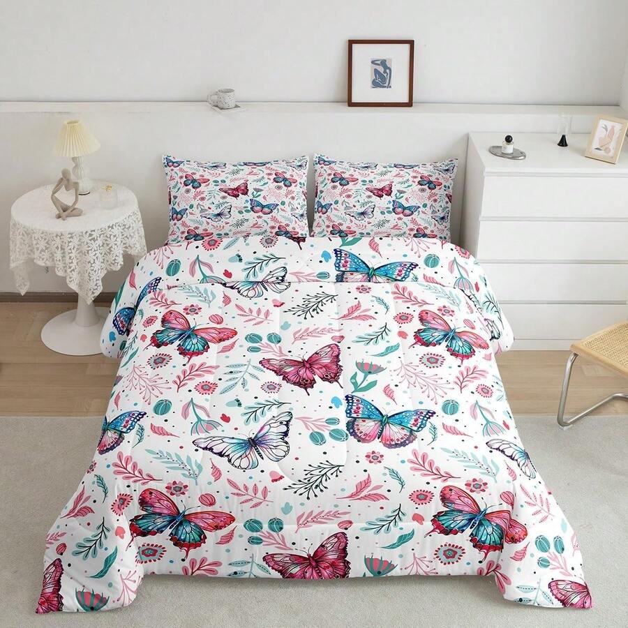 Juego de ropa de cama Queen Size con mariposas, juego de edredón floral con mariposas para niños, mujeres y hombres, ultra suave y hermoso edredón con estampado floral y botánico, juego de edredón y funda nórdica para decoración de habitación - Multicolor - Ver 1