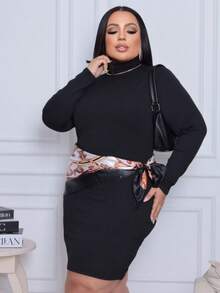 Women's Plus Size Dress Long Sleeve High Neck Elegant Premium Ribbed Fabric - Black - View 3