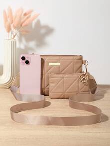 2 件套春季新款三角形刺绣迷你手提包，时尚百搭编织肩带包，休闲简约女士钱包