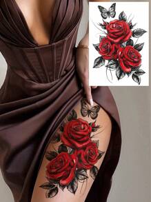 (Pack Of 5 PCS)Red Rose And Butterfly Temporary Tattoo Stickers, Sexy Dancer Chest And Thigh Designs, Waterproof And Sweat-Proof, Easy To Use And Remove, Suitable For Women's Legs, Arms, Abdomen And Chest. Perfect Temporary Tattoo Stickers For Women, Essential For Dates And Parties.