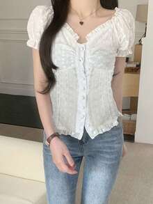 Lace Puff Sleeve Women Fitted Blouse, Sweet Casual Wear Top - White - View 4