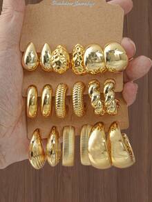 6-18 件几何纹理环状水滴金色优雅波西米亚耳环，适合送给家人和朋友的礼物，节日礼物（带纸卡包装）