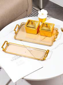 1pc Nordic Style Rectangular Plastic Tray With Golden Handles And Decorative Edges - Multifunctional Home Decor Jewelry Dish, Party Snack Tray - Stylish Design, Minimalist Style, High-Quality Craftsmanship, Jewelry Storage Box