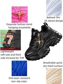 Tênis Esportivos Casuais Femininos, Acessórios para Sapatos com Colar Pingente Decorativo de Cabeça de Boi Metálica Punk, Tênis Esportivos de Estilo Escuro com Parte Superior de Malha Respirável, Sola Amortecedora Leve, Sapatos Casuais de Cadarço com Bico Redondo para Estudantes Universitárias, Adolescentes, Uso Diário, Encontros, Fitness, Escritório. Tênis Casuais de Plataforma Chunky de 7CM de Salto Alto, Salto Alto Preto para Todas as Estações
